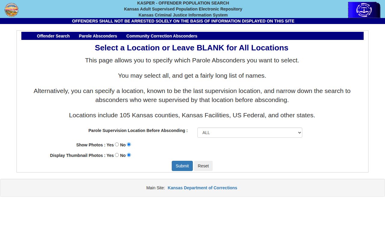 Cheyenne County parole absconder lookup in KASPER